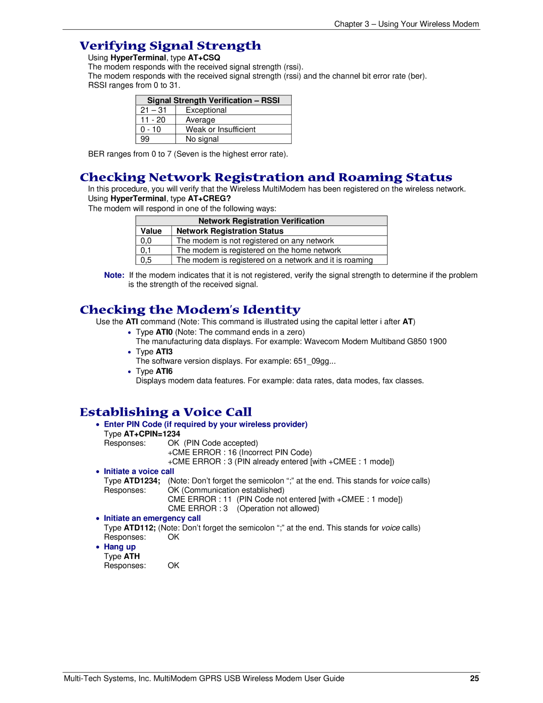 Multi-Tech Systems MTCBA-G-U-F4 manual Verifying Signal Strength, Checking Network Registration and Roaming Status 