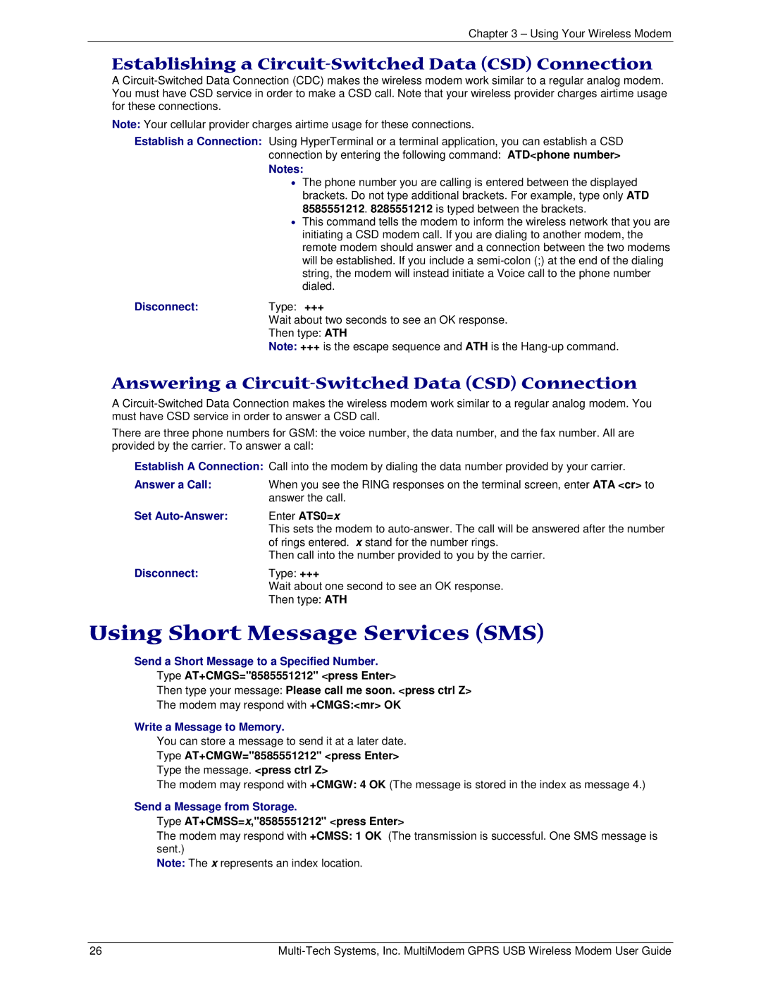 Multi-Tech Systems MTCBA-G-U-F4 Using Short Message Services SMS, Establishing a Circuit-Switched Data CSD Connection 