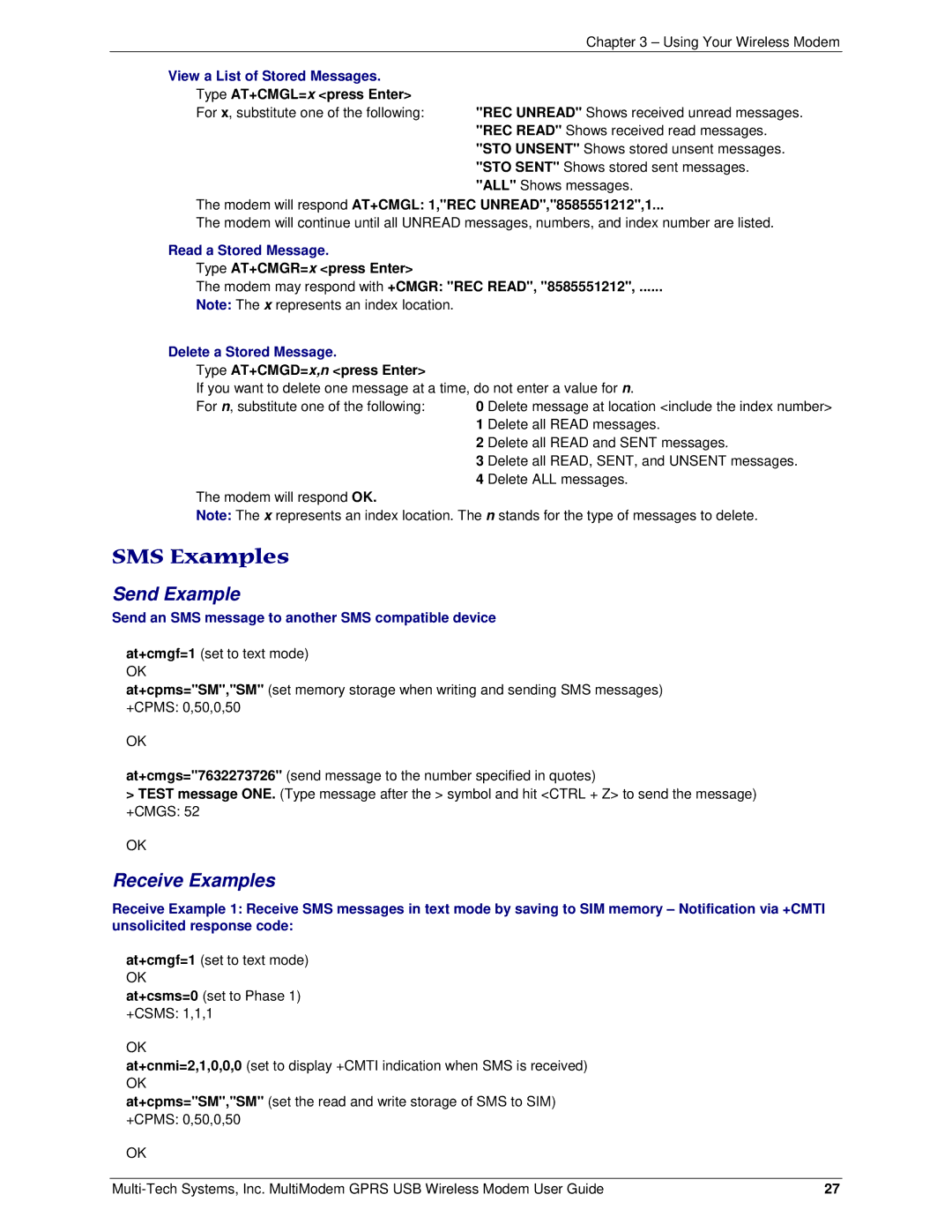 Multi-Tech Systems MTCBA-G-U-F4 manual SMS Examples, Read a Stored Message, Delete a Stored Message 