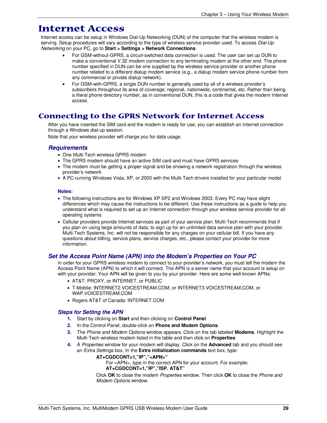 Multi-Tech Systems MTCBA-G-U-F4 manual Connecting to the Gprs Network for Internet Access, Requirements 