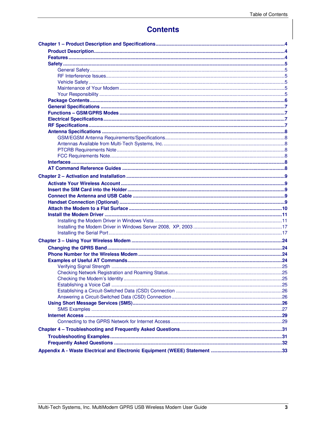 Multi-Tech Systems MTCBA-G-U-F4 manual Contents 