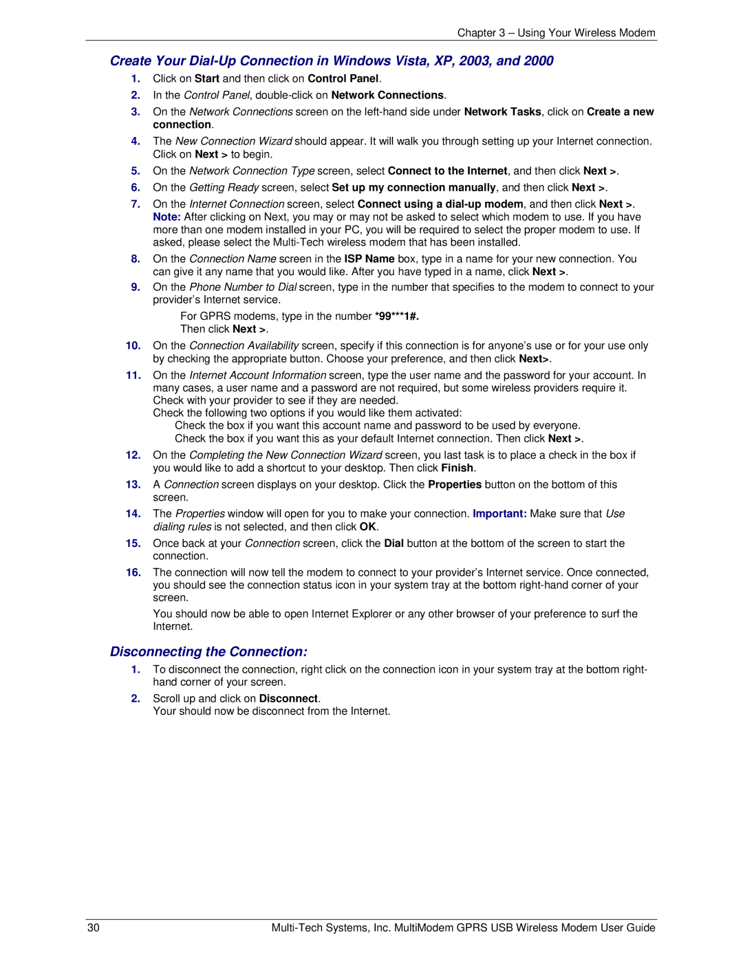 Multi-Tech Systems MTCBA-G-U-F4 Create Your Dial-Up Connection in Windows Vista, XP, 2003, Disconnecting the Connection 