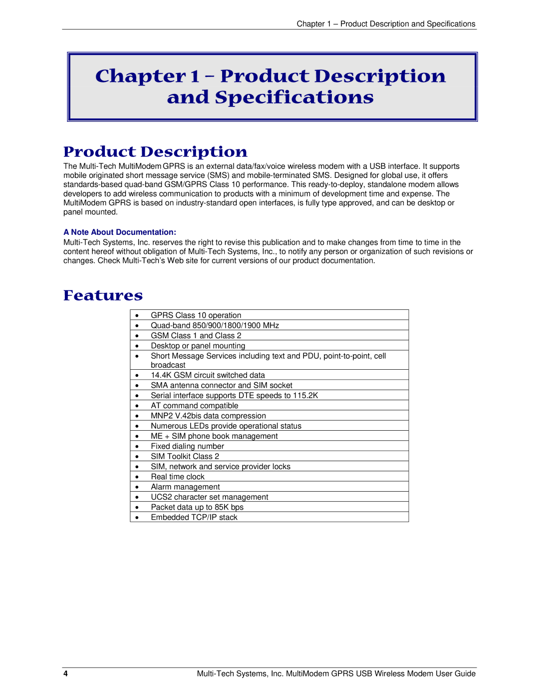 Multi-Tech Systems MTCBA-G-U-F4 manual Product Description, Features 