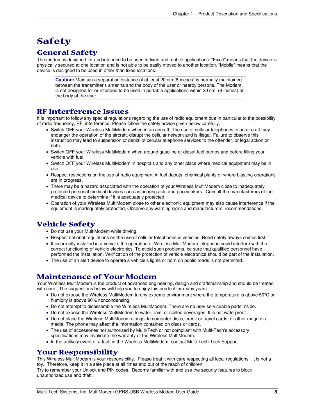 Multi-Tech Systems MTCBA-G-U-F4 manual Safety 