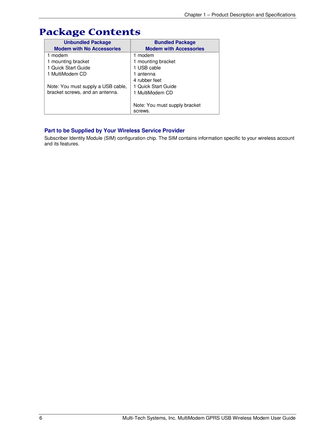 Multi-Tech Systems MTCBA-G-U-F4 manual Package Contents 