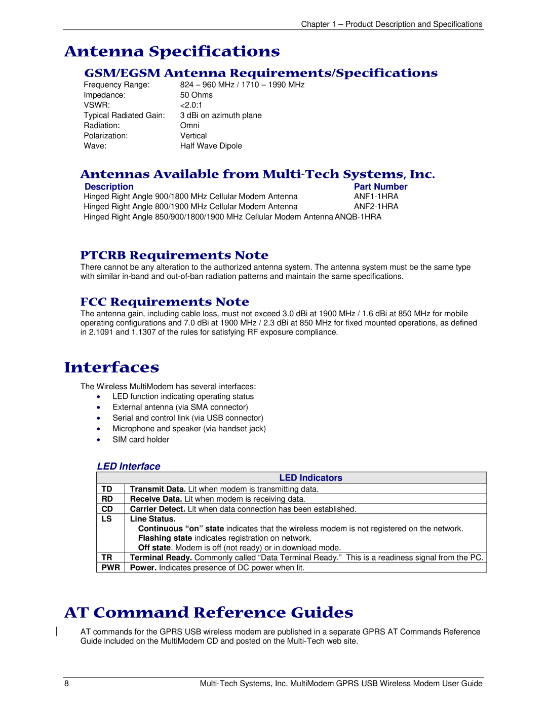 Multi-Tech Systems MTCBA-G-U-F4 manual Antenna Specifications, Interfaces, AT Command Reference Guides 