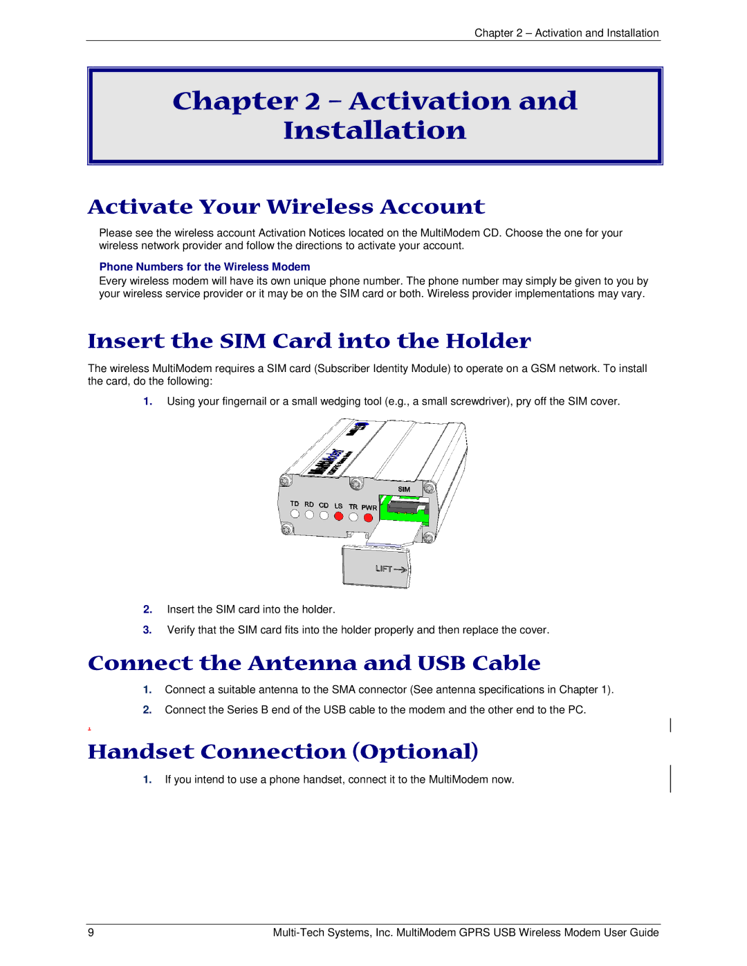 Multi-Tech Systems MTCBA-G-U-F4 manual Activate Your Wireless Account, Insert the SIM Card into the Holder 