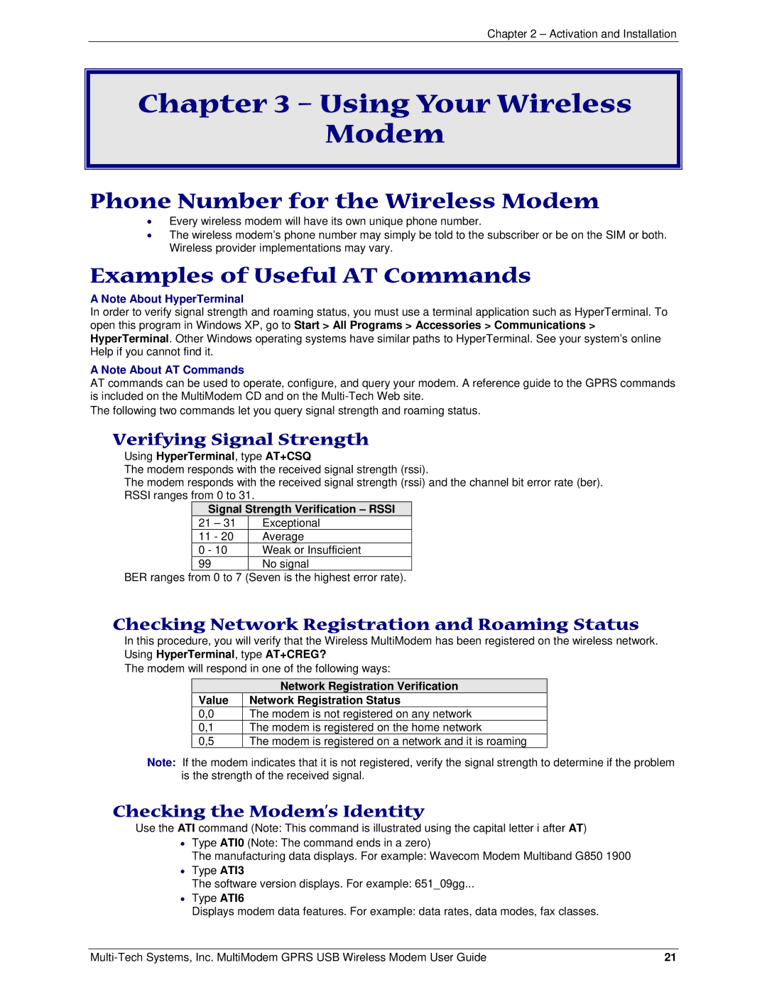 Multi-Tech Systems MTCBA-G-U manual Using Your Wireless Modem, Phone Number for the Wireless Modem 