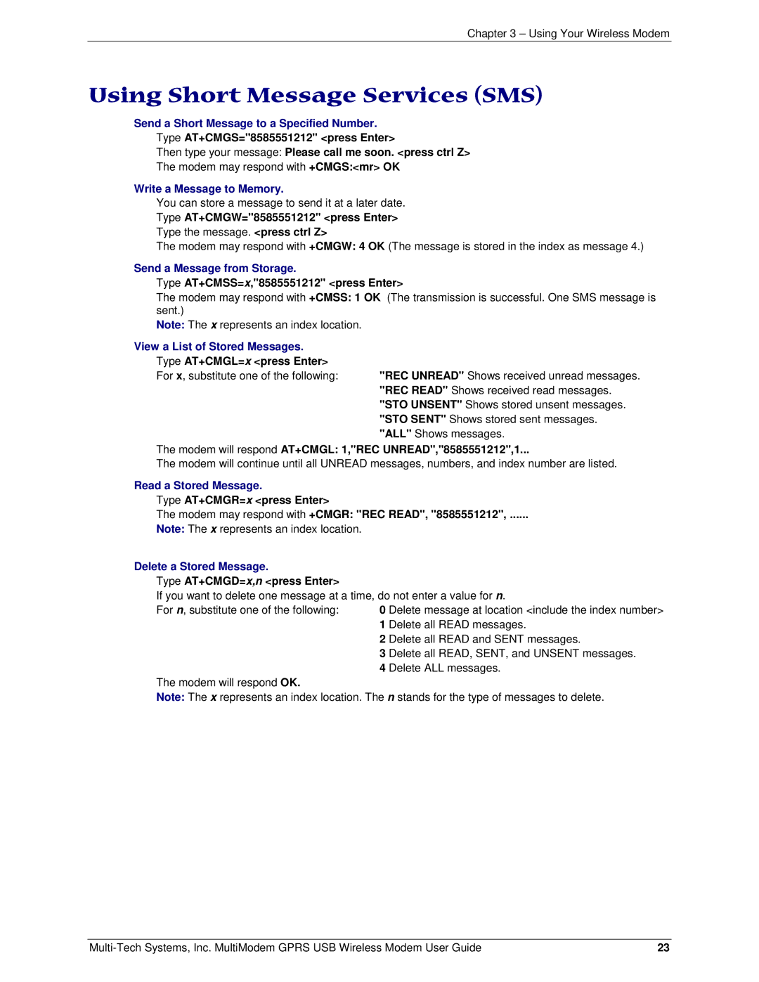 Multi-Tech Systems MTCBA-G-U manual Using Short Message Services SMS 