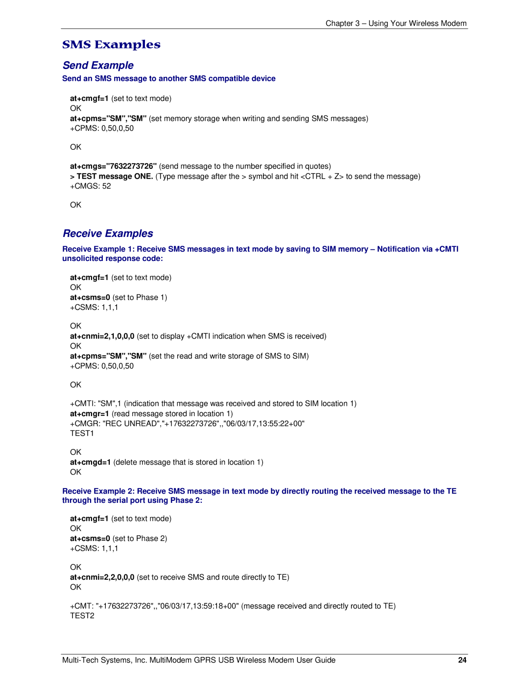 Multi-Tech Systems MTCBA-G-U manual SMS Examples, Send an SMS message to another SMS compatible device 