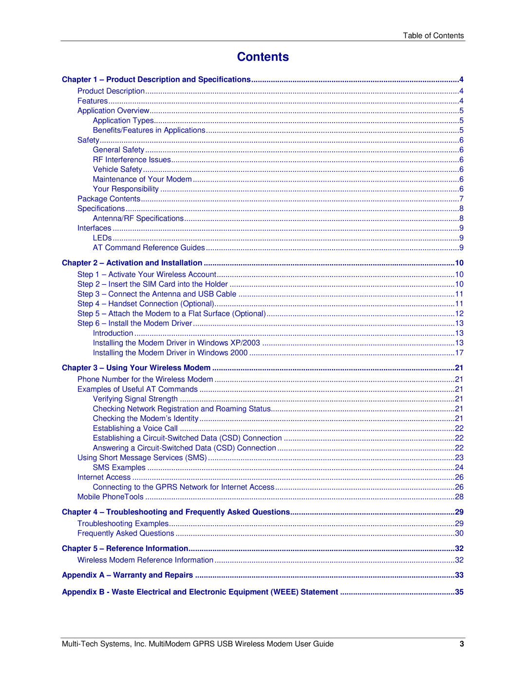 Multi-Tech Systems MTCBA-G-U manual Contents 