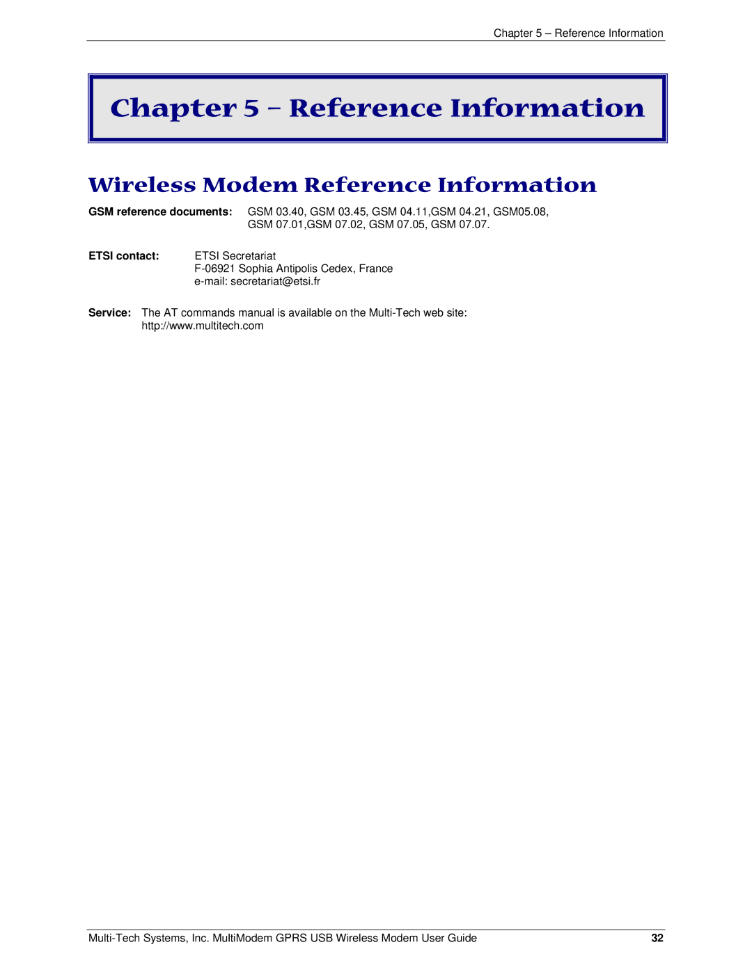 Multi-Tech Systems MTCBA-G-U manual Wireless Modem Reference Information, Etsi contact 