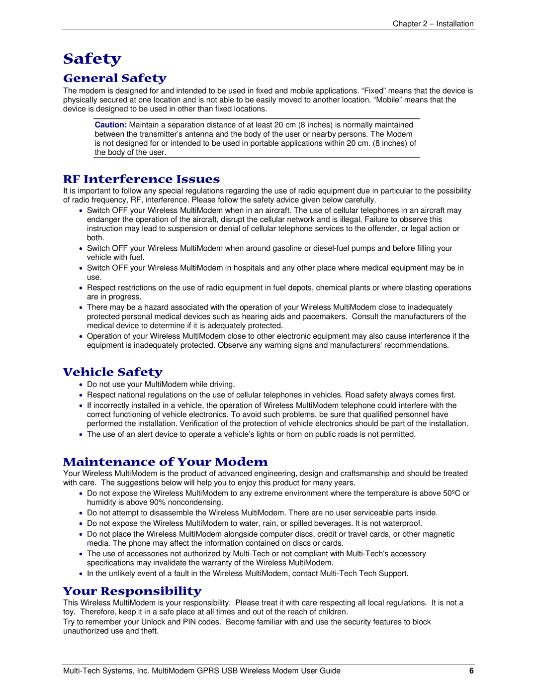 Multi-Tech Systems MTCBA-G-U manual Safety 