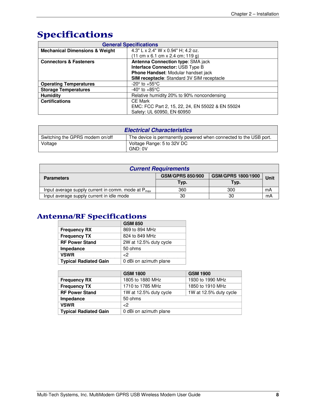 Multi-Tech Systems MTCBA-G-U manual Antenna/RF Specifications, Electrical Characteristics, Current Requirements 