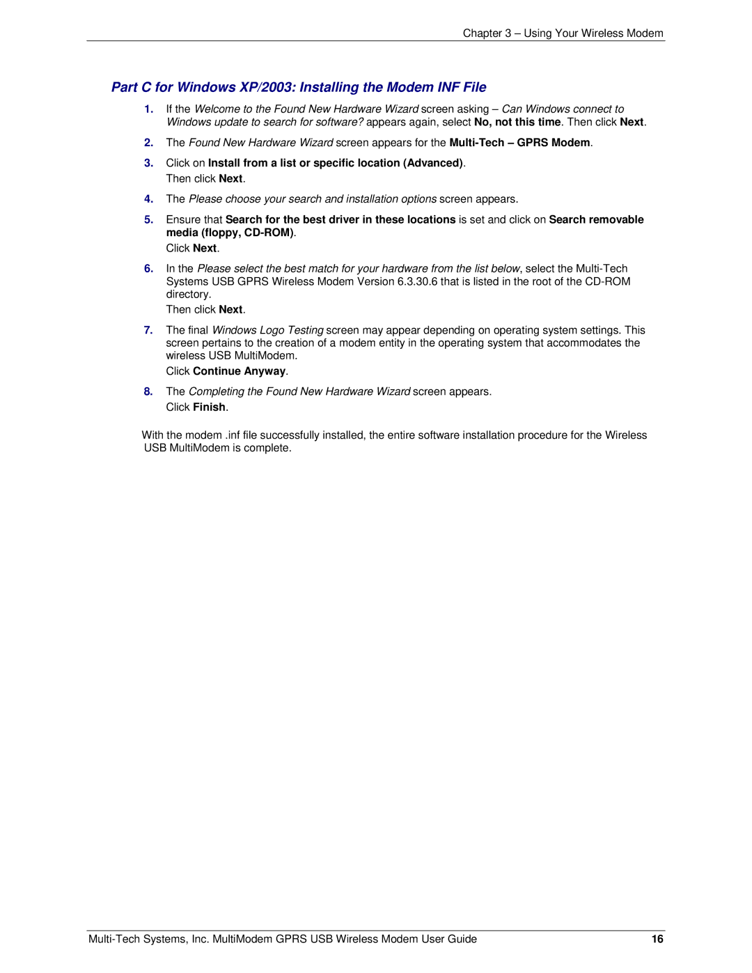 Multi-Tech Systems MTCBA-G-U manual Part C for Windows XP/2003 Installing the Modem INF File 