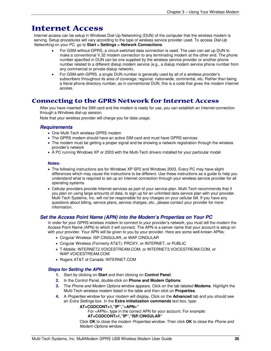 Multi-Tech Systems MTCBA-G-U Connecting to the Gprs Network for Internet Access, Requirements, Modem Options window 