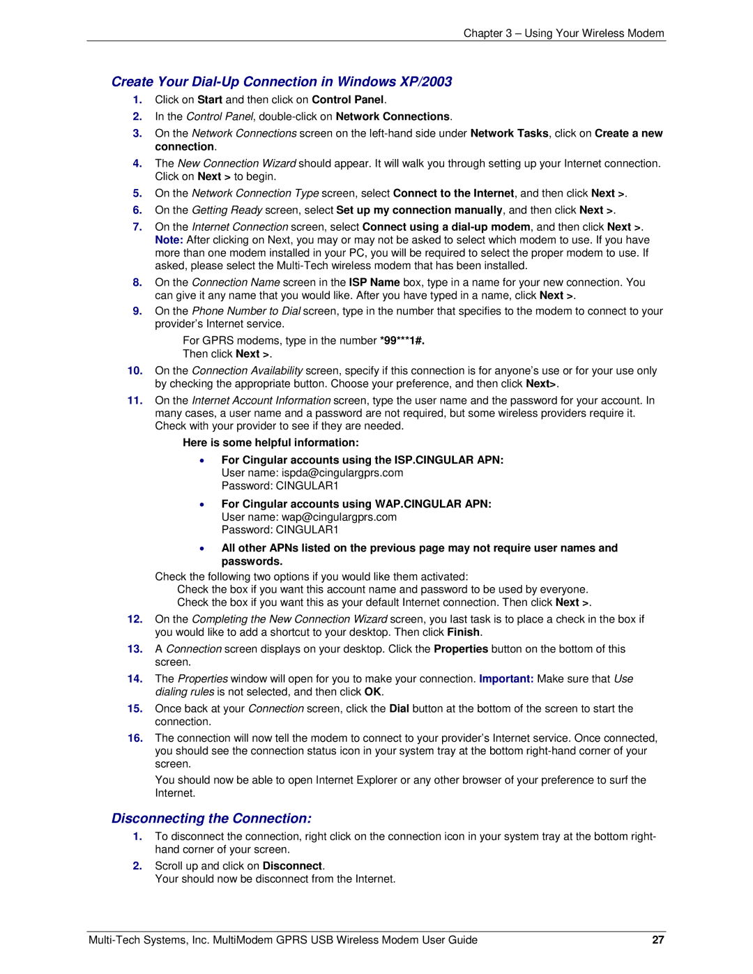 Multi-Tech Systems MTCBA-G-U manual Create Your Dial-Up Connection in Windows XP/2003, Disconnecting the Connection 