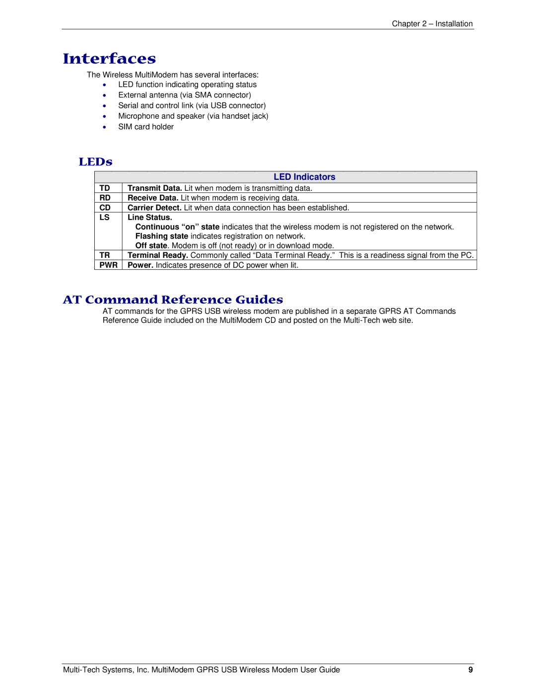 Multi-Tech Systems MTCBA-G-U manual Interfaces, LEDs, AT Command Reference Guides 