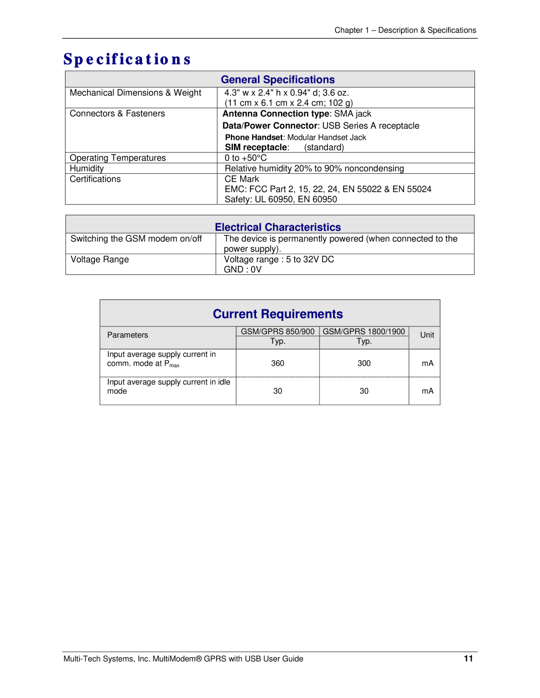 Multi-Tech Systems MTCBA-G-UF2, MTCBA-G-UF1 manual Specifications, Antenna Connection type SMA jack, SIM receptacle 