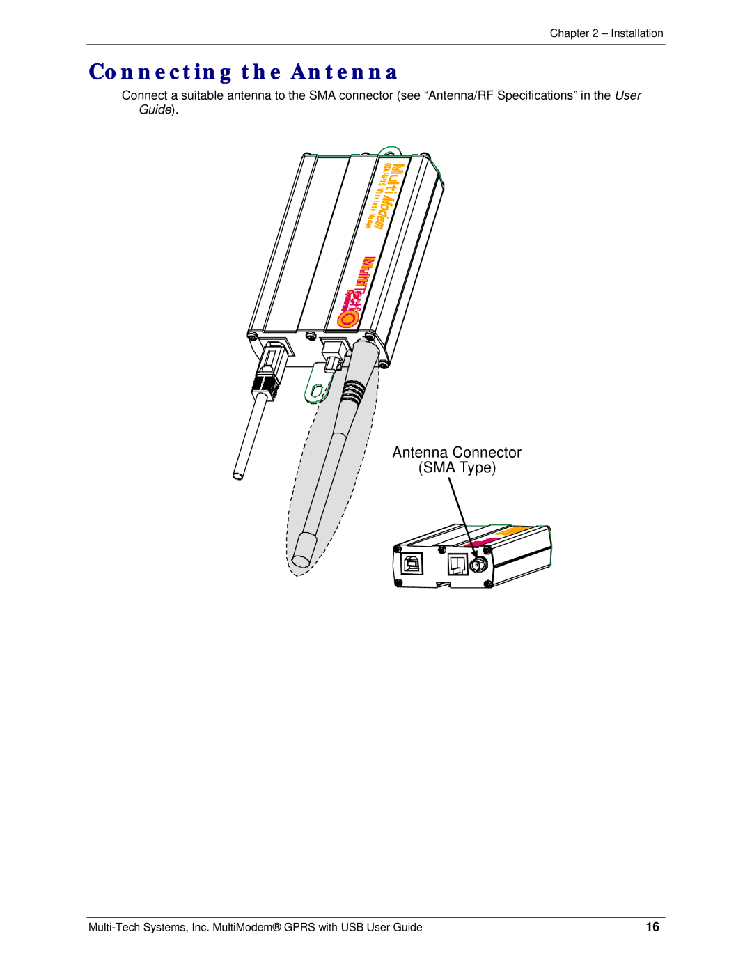 Multi-Tech Systems MTCBA-G-UF1, MTCBA-G-UF2 manual Connecting the Antenna 