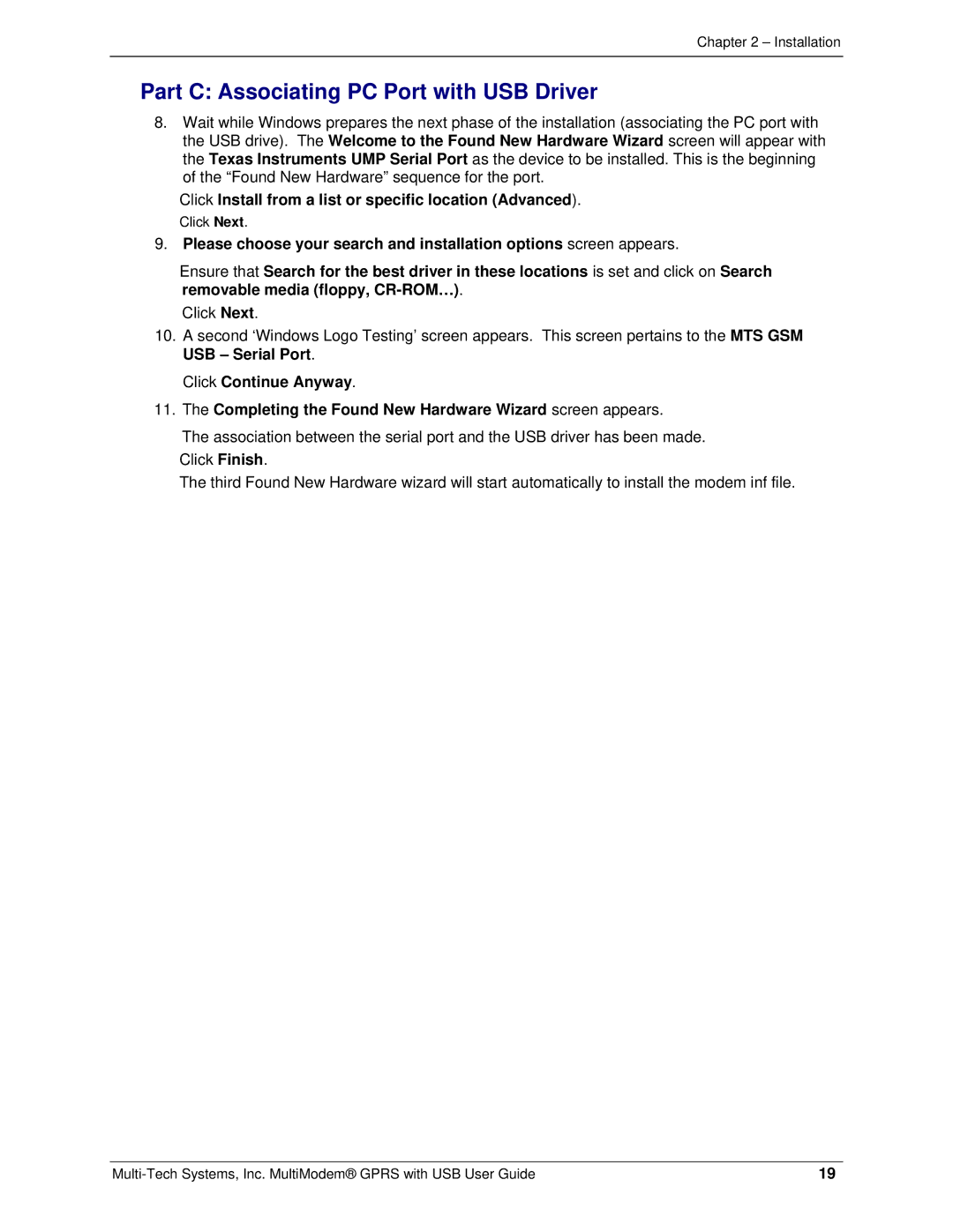 Multi-Tech Systems MTCBA-G-UF2, MTCBA-G-UF1 manual Part C Associating PC Port with USB Driver 