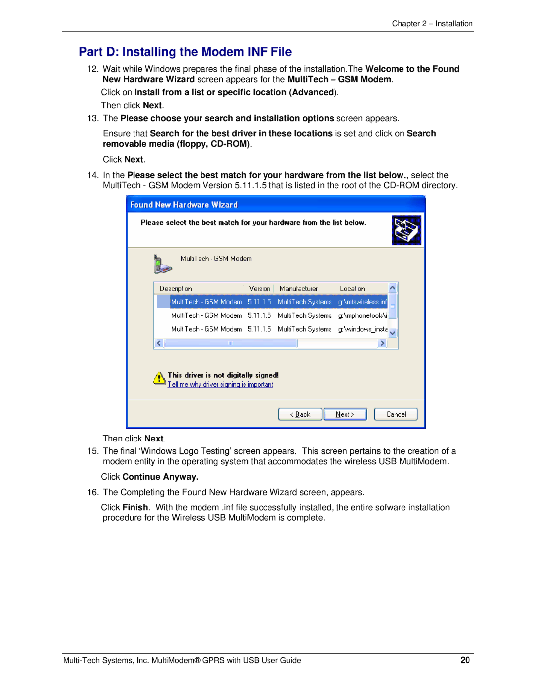 Multi-Tech Systems MTCBA-G-UF1, MTCBA-G-UF2 Part D Installing the Modem INF File, Then click Next, Click Continue Anyway 