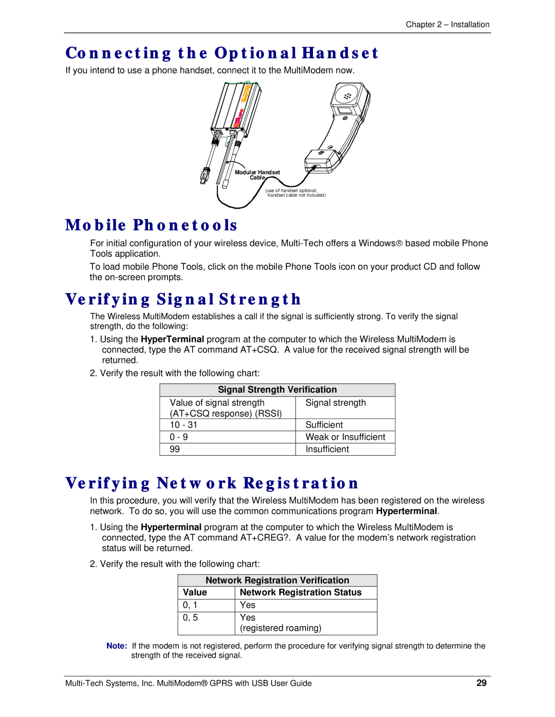 Multi-Tech Systems MTCBA-G-UF2, MTCBA-G-UF1 Connecting the Optional Handset, Mobile Phonetools, Verifying Signal Strength 