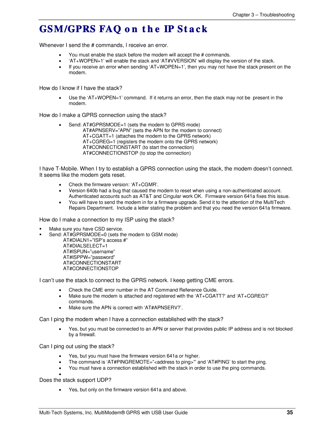 Multi-Tech Systems MTCBA-G-UF2, MTCBA-G-UF1 manual GSM/GPRS FAQ on the IP Stack 