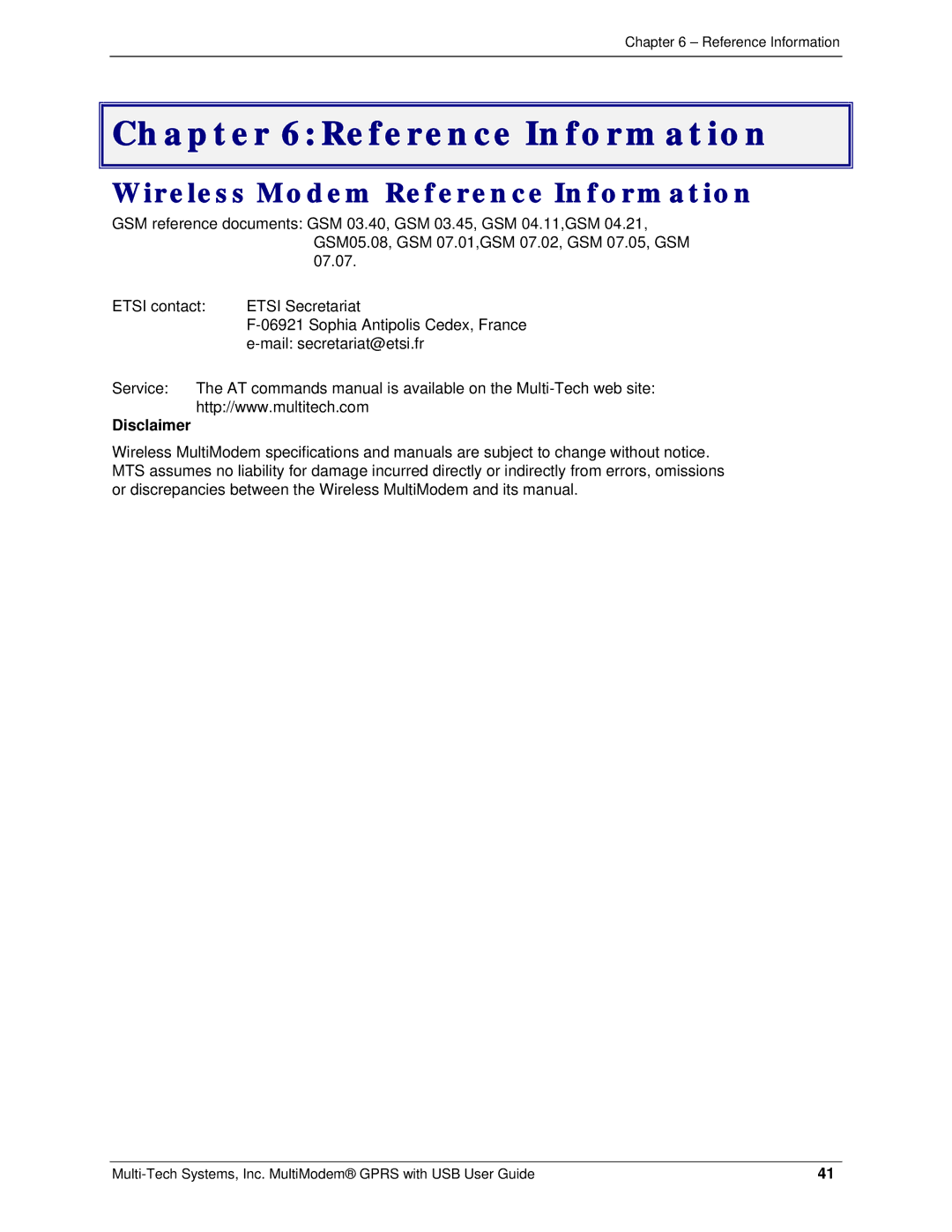 Multi-Tech Systems MTCBA-G-UF2, MTCBA-G-UF1 manual Wireless Modem Reference Information, Disclaimer 