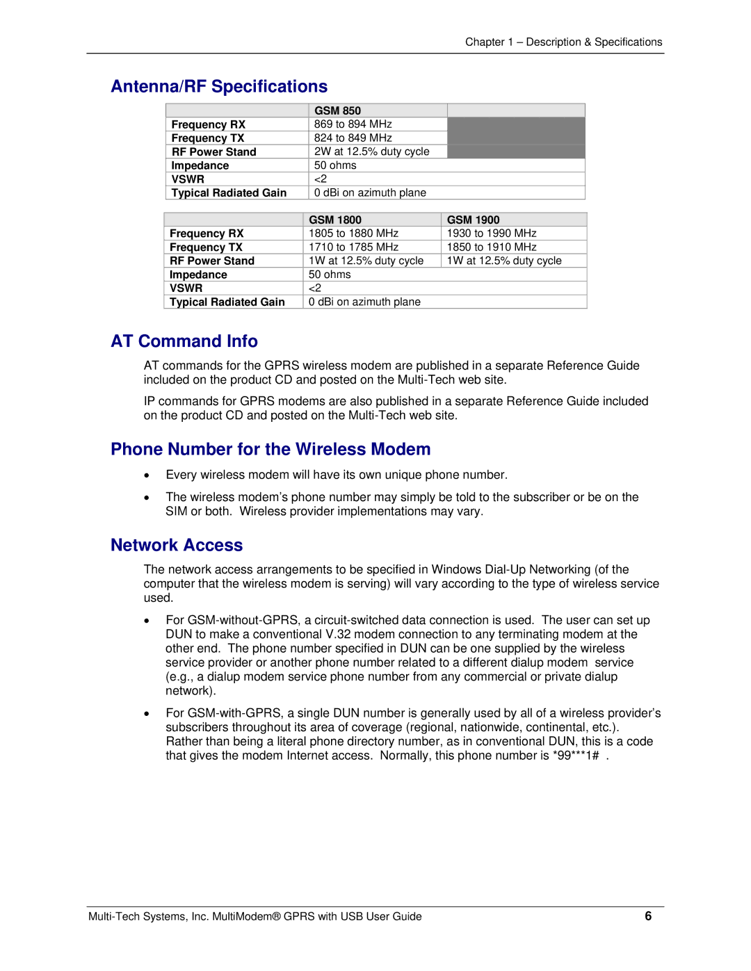 Multi-Tech Systems MTCBA-G-UF1 manual Antenna/RF Specifications, AT Command Info, Phone Number for the Wireless Modem 