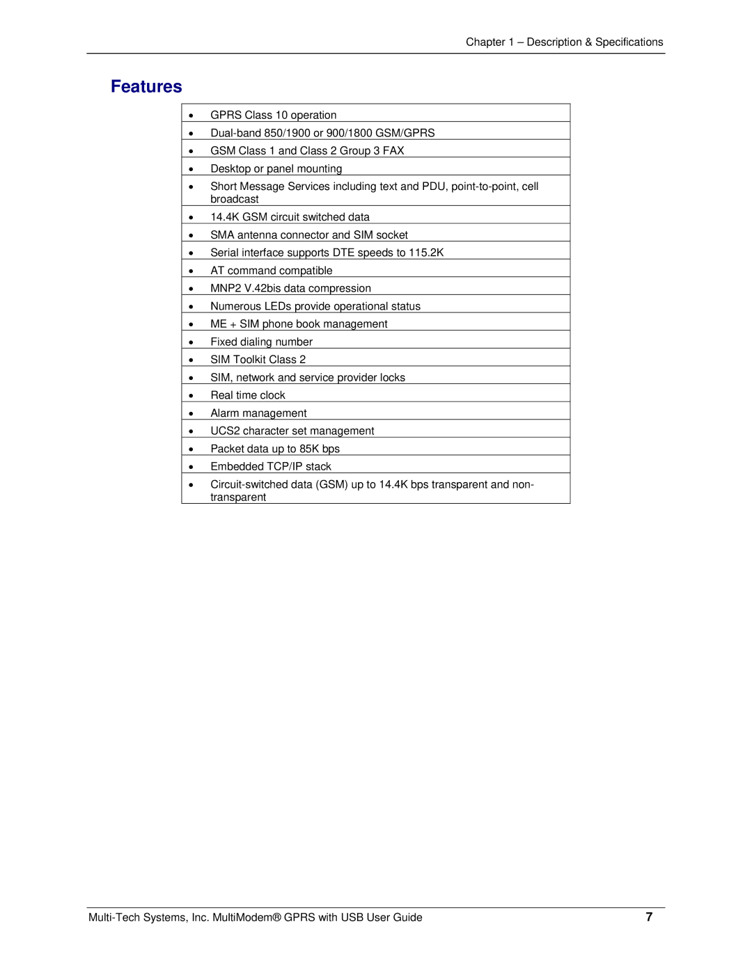 Multi-Tech Systems MTCBA-G-UF2, MTCBA-G-UF1 manual Features 