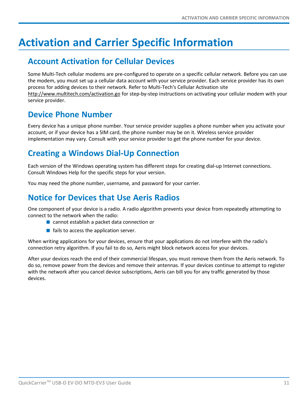 Multi-Tech Systems MTD-EVe manual Activation and Carrier Specific Information, Creating a Windows Dial-Up Connection 