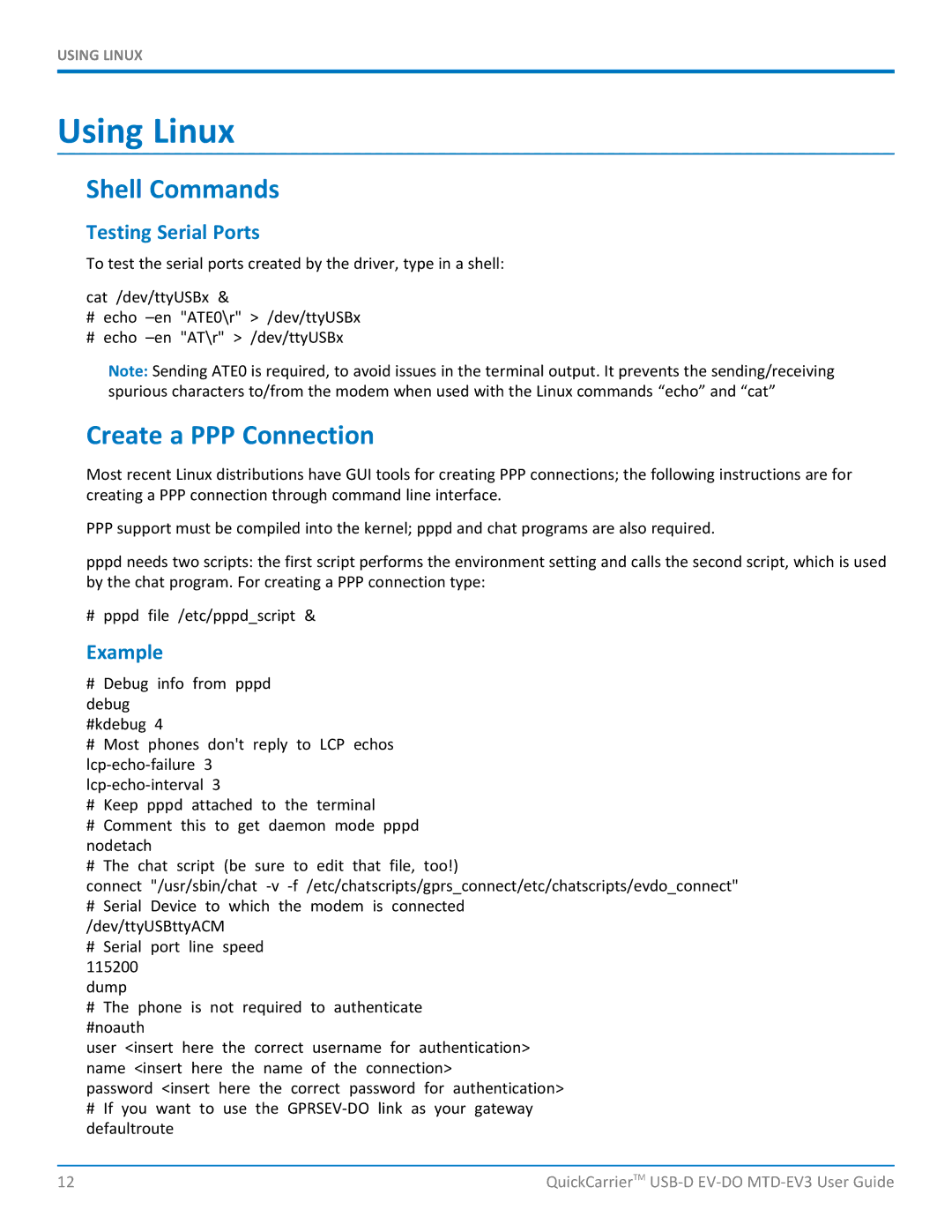 Multi-Tech Systems MTD-EVe manual Using Linux, Shell Commands, Create a PPP Connection, Testing Serial Ports, Example 