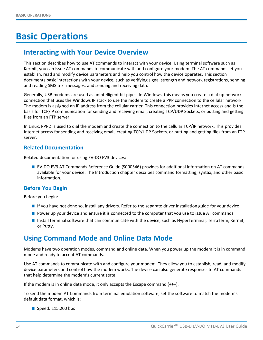 Multi-Tech Systems MTD-EVe manual Basic Operations, Interacting with Your Device Overview, Related Documentation 