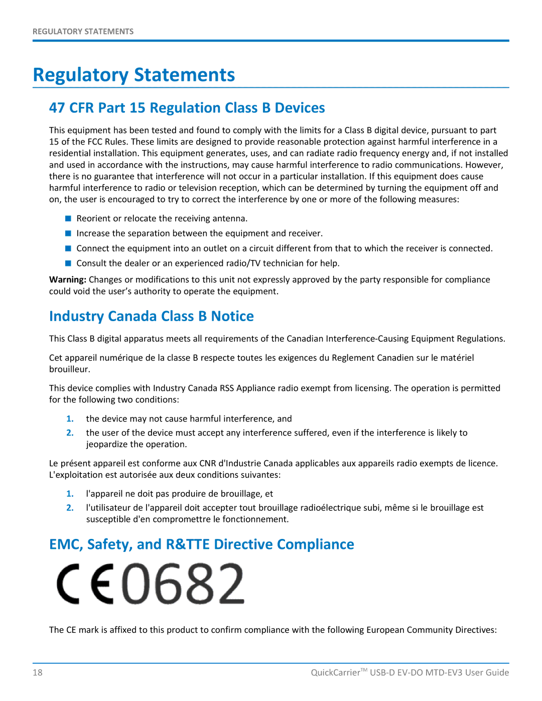 Multi-Tech Systems MTD-EVe Regulatory Statements, CFR Part 15 Regulation Class B Devices, Industry Canada Class B Notice 