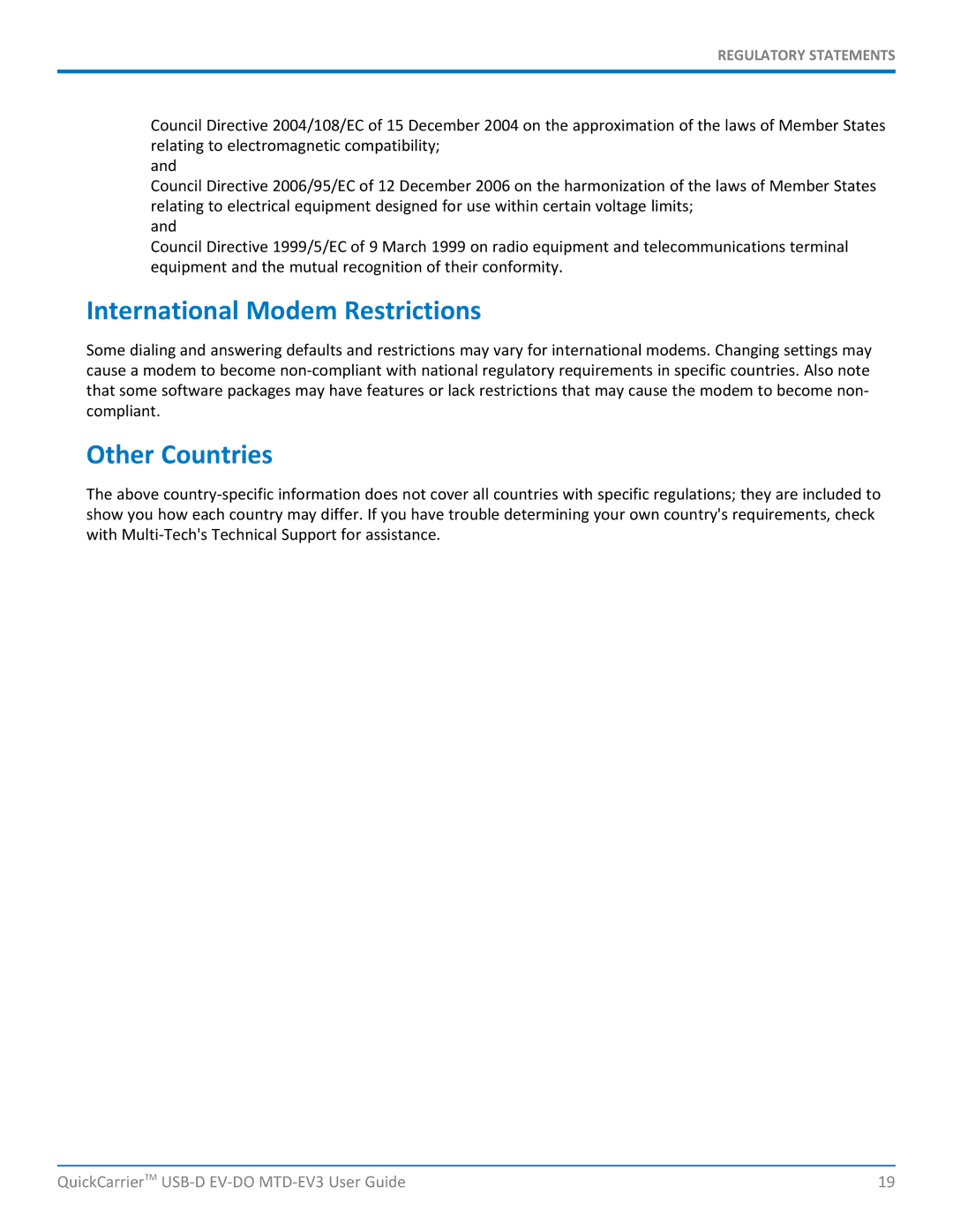 Multi-Tech Systems MTD-EVe manual International Modem Restrictions, Other Countries 