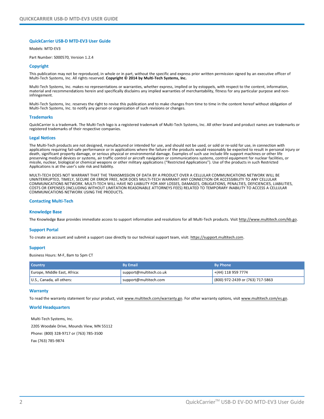 Multi-Tech Systems MTD-EVe manual QuickCarrierTM USB-D EV-DO MTD-EV3 User Guide 