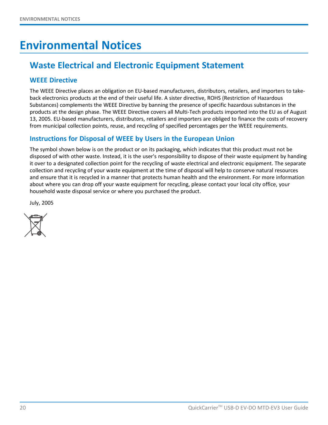 Multi-Tech Systems MTD-EVe Environmental Notices, Waste Electrical and Electronic Equipment Statement, Weee Directive 