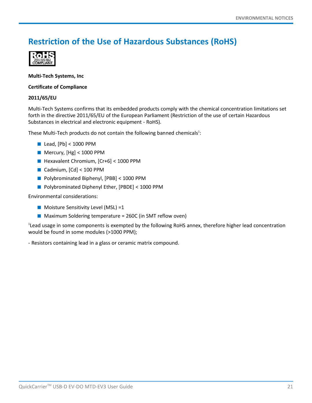 Multi-Tech Systems MTD-EVe manual Restriction of the Use of Hazardous Substances RoHS 