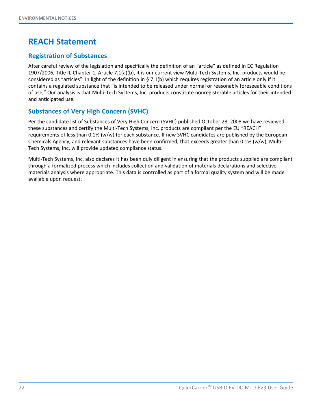 Multi-Tech Systems MTD-EVe manual Reach Statement, Registration of Substances, Substances of Very High Concern Svhc 