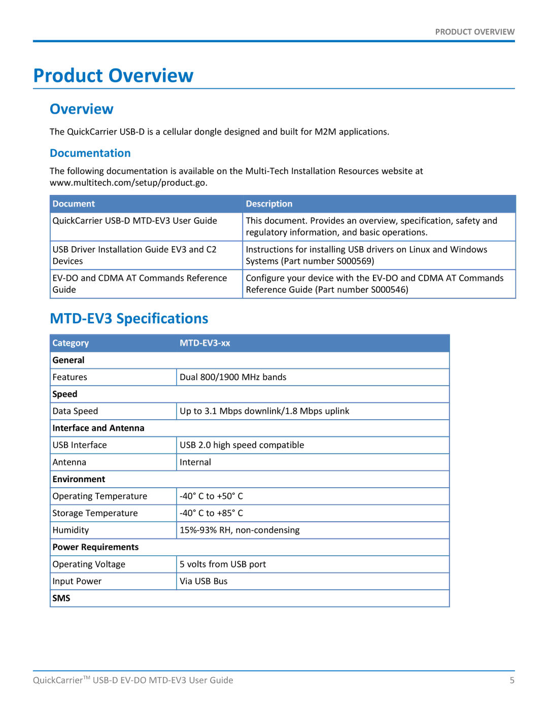 Multi-Tech Systems MTD-EVe manual Product Overview, MTD-EV3 Specifications, Documentation 