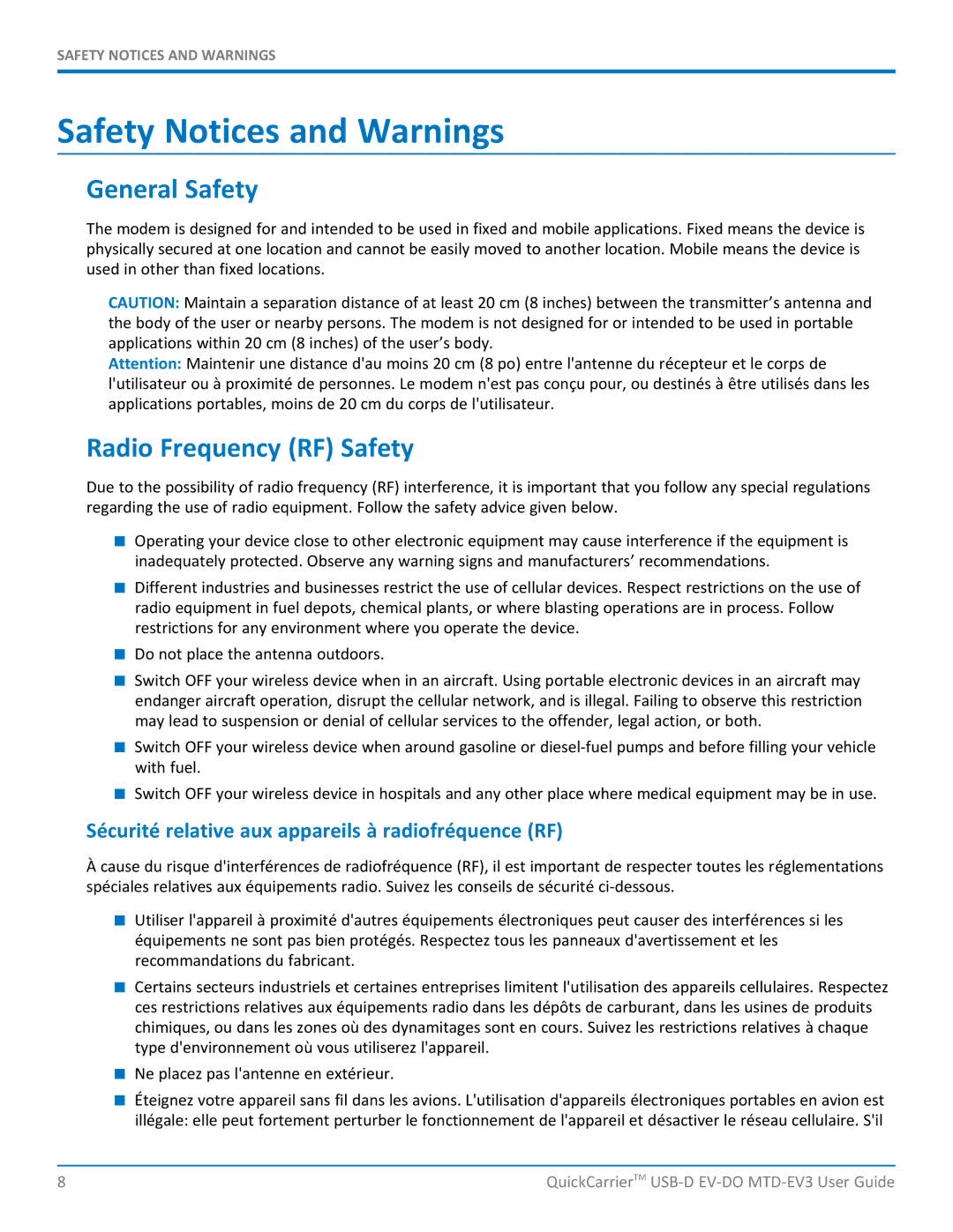 Multi-Tech Systems MTD-EVe manual Safety Notices and Warnings, General Safety, Radio Frequency RF Safety 