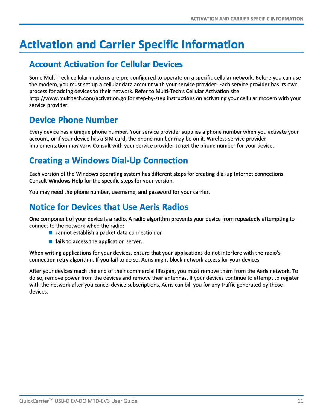 Multi-Tech Systems MTD-EVe manual Activation and Carrier Specific Information, Account Activation for Cellular Devices 