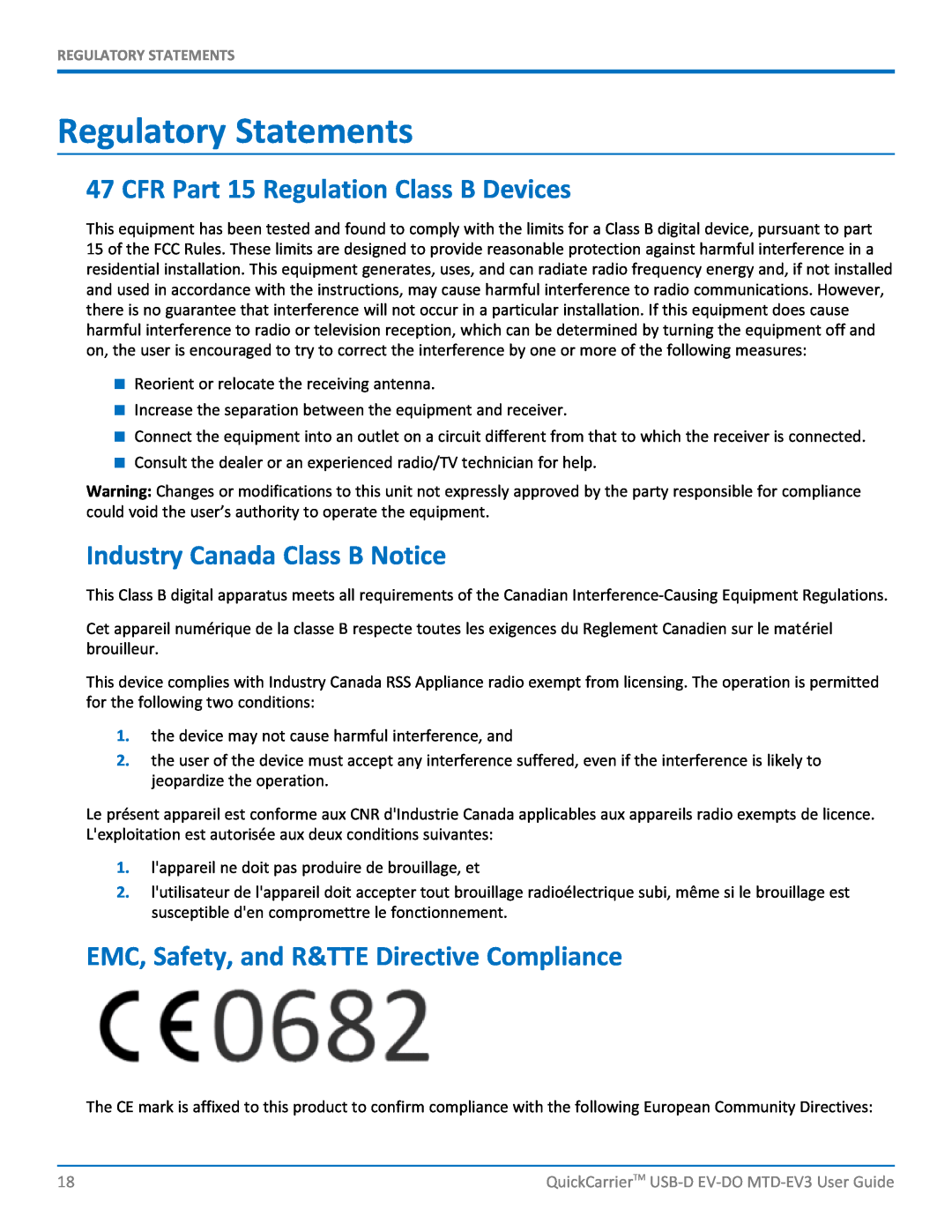 Multi-Tech Systems MTD-EVe Regulatory Statements, CFR Part 15 Regulation Class B Devices, Industry Canada Class B Notice 