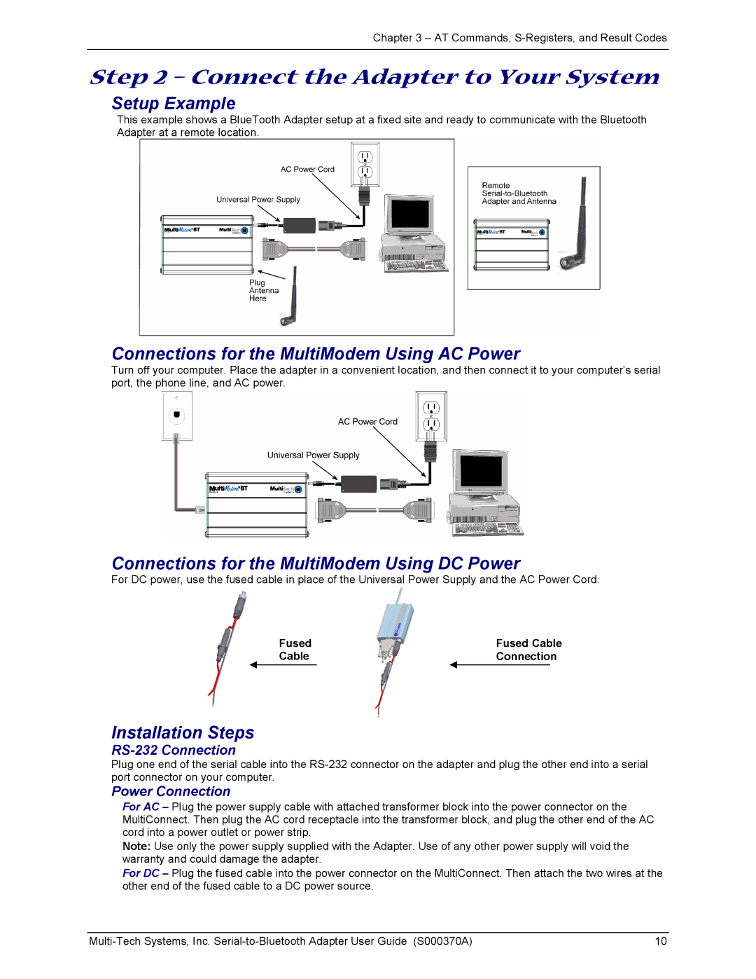 Multi-Tech Systems MTS2BTA manual Connect the Adapter to Your System, Fused Fused Cable Connection 