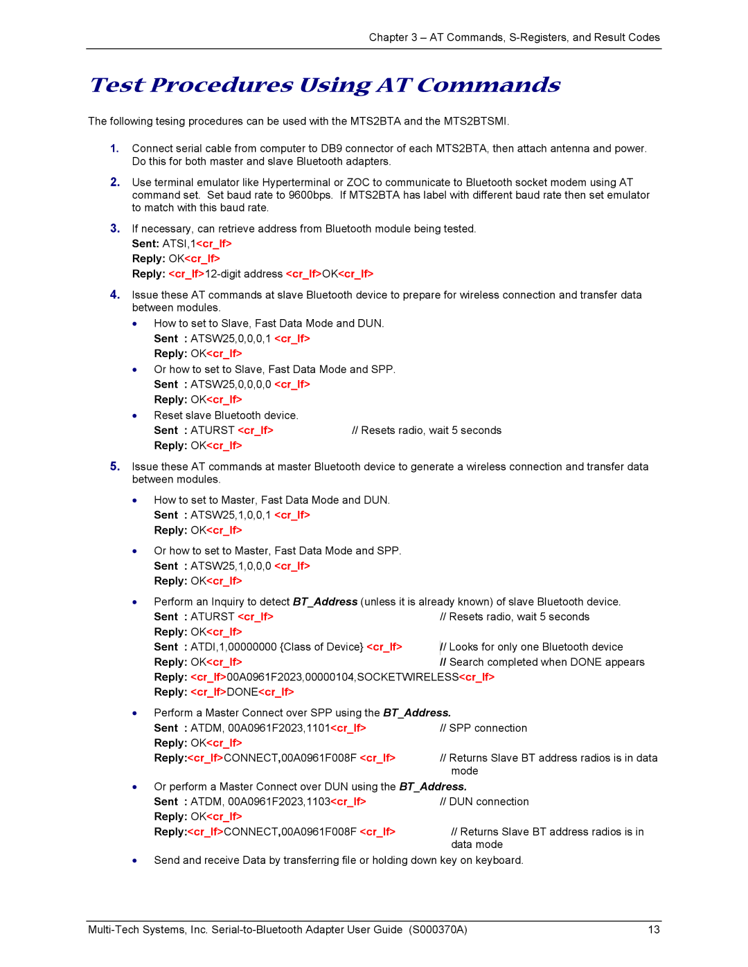 Multi-Tech Systems MTS2BTA manual Test Procedures Using AT Commands, Reply OKcrlf, Sent Aturst crlf, Reply OK crlf 