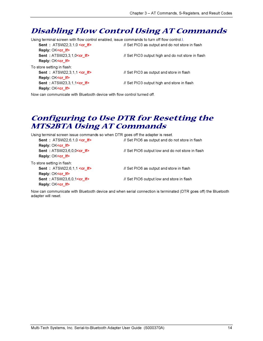 Multi-Tech Systems MTS2BTA manual Disabling Flow Control Using AT Commands 