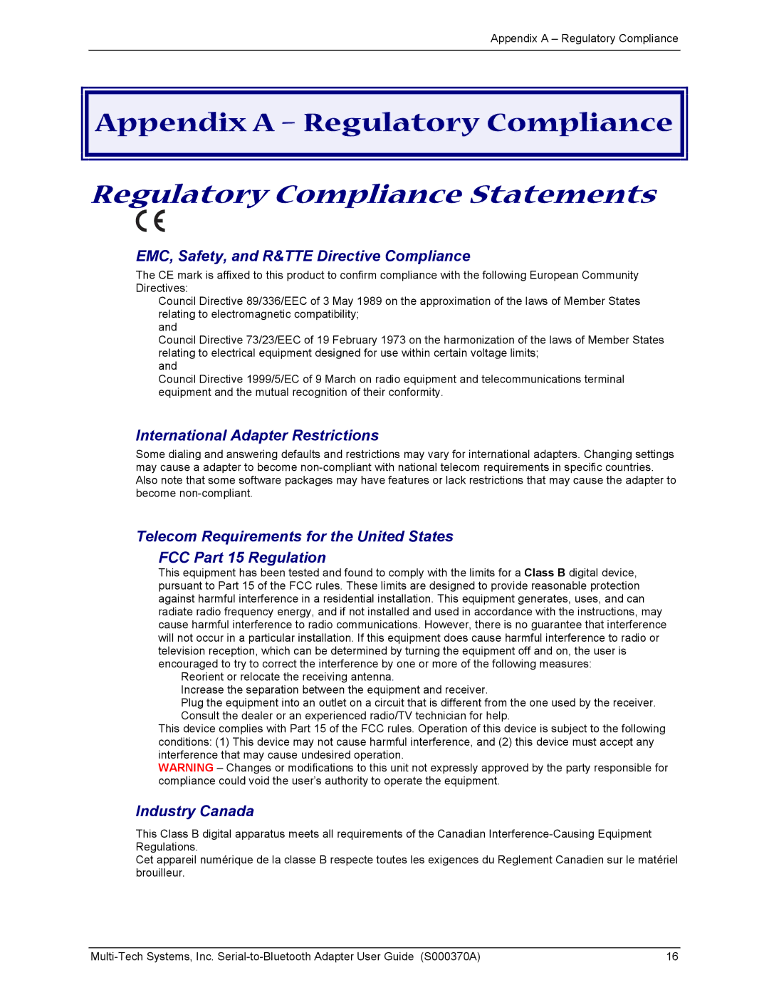 Multi-Tech Systems MTS2BTA Appendix a Regulatory Compliance, EMC, Safety, and R&TTE Directive Compliance, Industry Canada 