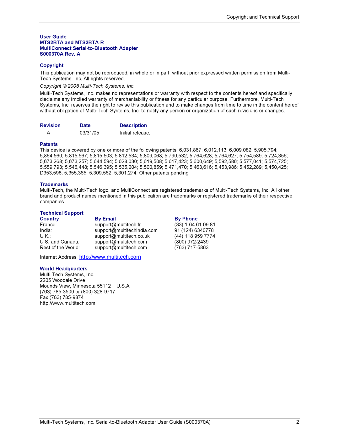 Multi-Tech Systems MTS2BTA manual Revision Date Description 03/31/05 