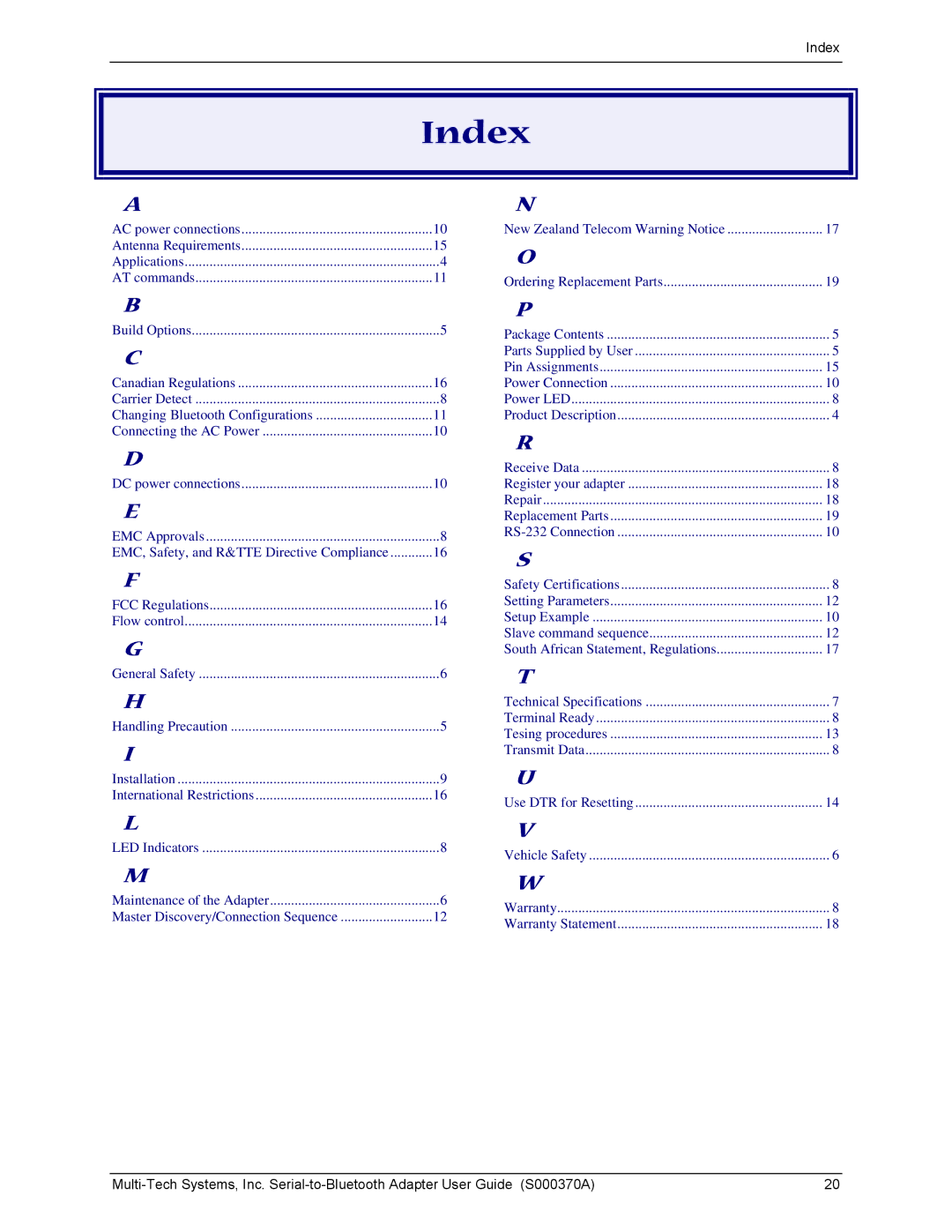 Multi-Tech Systems MTS2BTA manual Index 